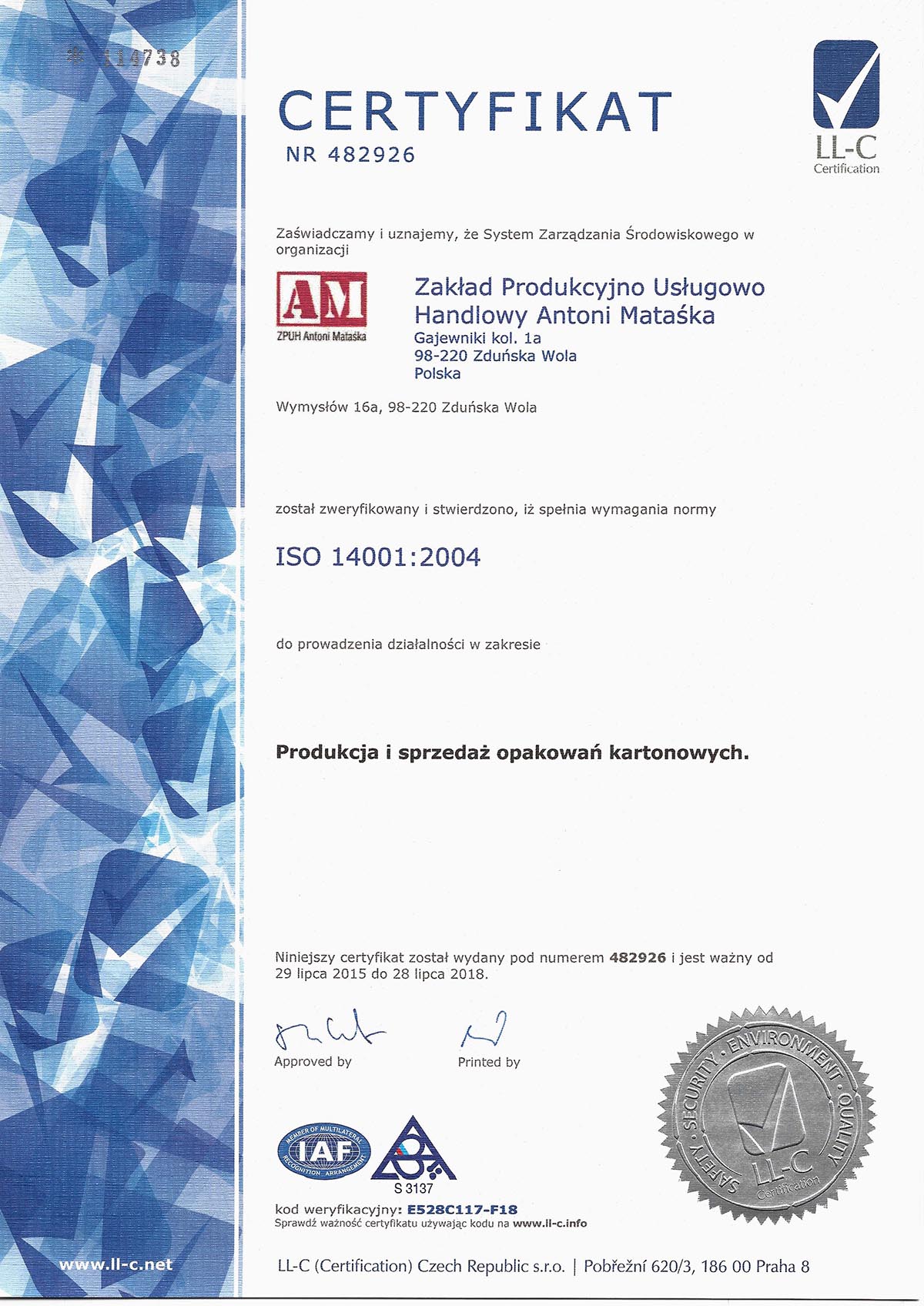 Certyfikat ISO 14001