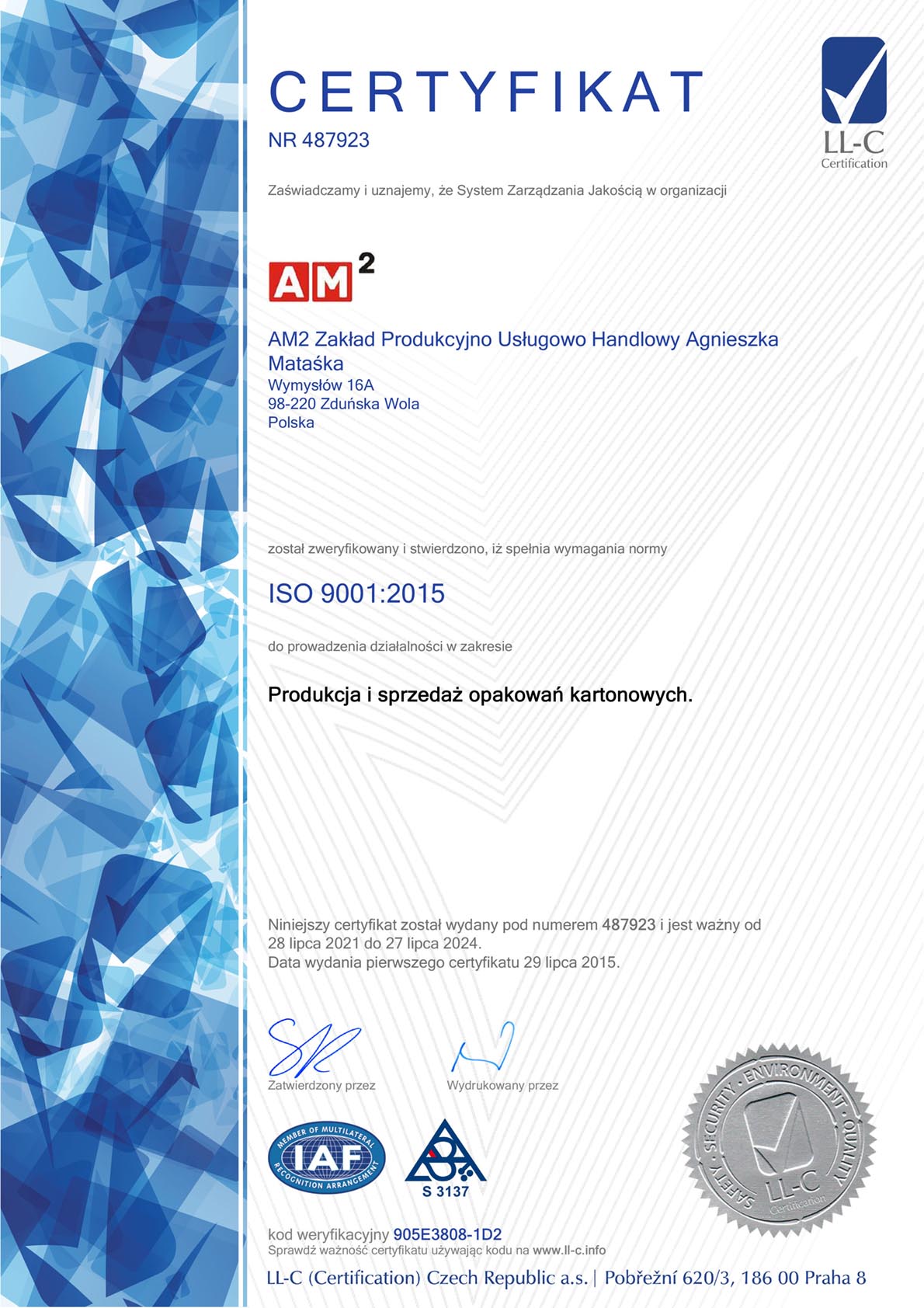 ISO 9001 - Producent opakowań kartonowych