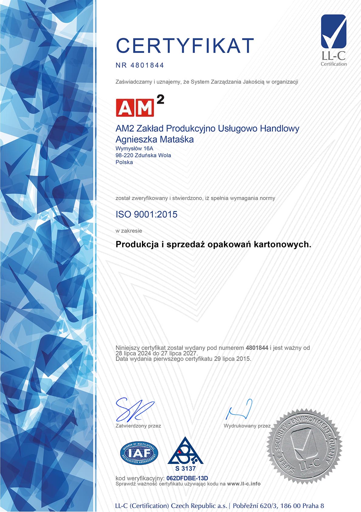 ISO 9001 - Producent opakowań kartonowych